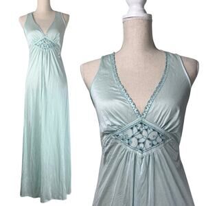 Vintage Gilead Aqua Blue Nylon Nightgown Medium Lace Trim Sleeveless Maxi Dress